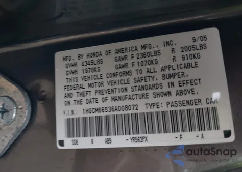 2006 Honda Accord 3.0 Ex z USA, uszkodzony, nr VIN 1HGCM66536A008072